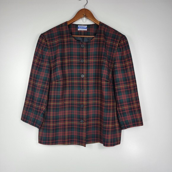 Vintage Pendleton Red Green Plaid 100% Wool Blazer No Size Tag - Picture 2 of 7